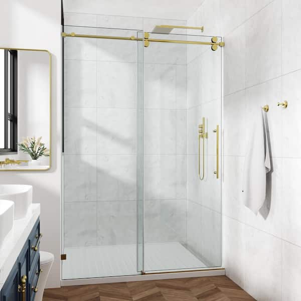 HOMEMYSTIQUE 56-60 in. W x 66 in. H Sliding Frameless Shower Door in Gold with Clear Glass