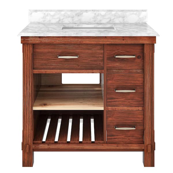 VANITYFUS Solid Fir 36 in. W x 22 in. D x 39.3 in. H Freestanding Bath Vanity in Traditional Brown with Carrara White Marble Top