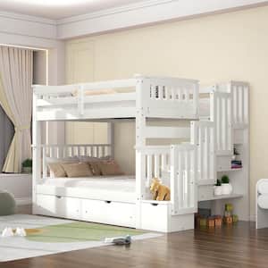 White Full Over Full Bunk Bed with Shelves and 6 Storage Drawers