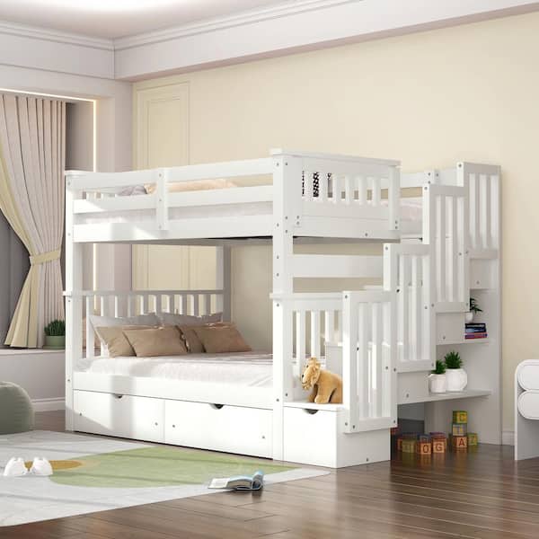 Qualler White Full Over Full Bunk Bed with Shelves and 6 Storage Drawers