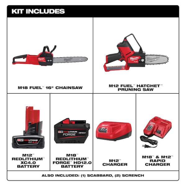 M18 FUEL 16 in. 18V Lithium-Ion Brushless Battery Chainsaw Kit and M12 FUEL HATCHET Combo Kit (2-Tool)