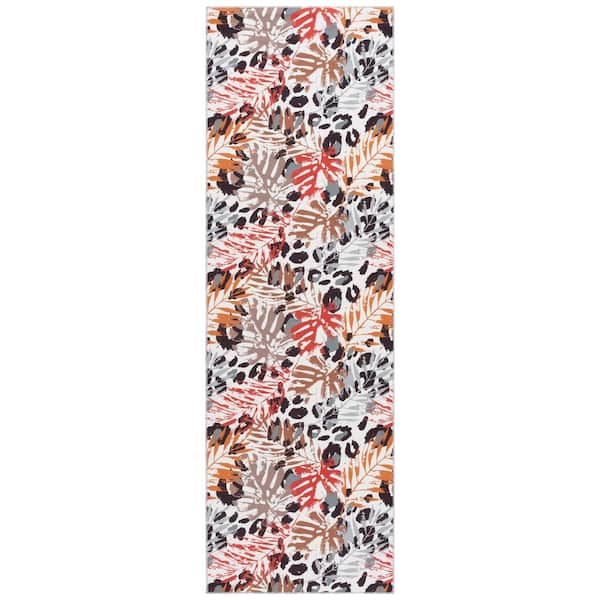 SAFAVIEH Malibu Ivory/Rust 3 ft. x 8 ft. Machine Washable Botanical Abstract Runner Rug