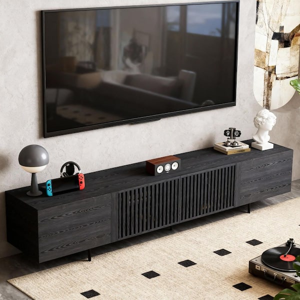 94.48 in. Black Modern TV Stand with Louvered Cabinet Doors Fits TV's up to 100 in.