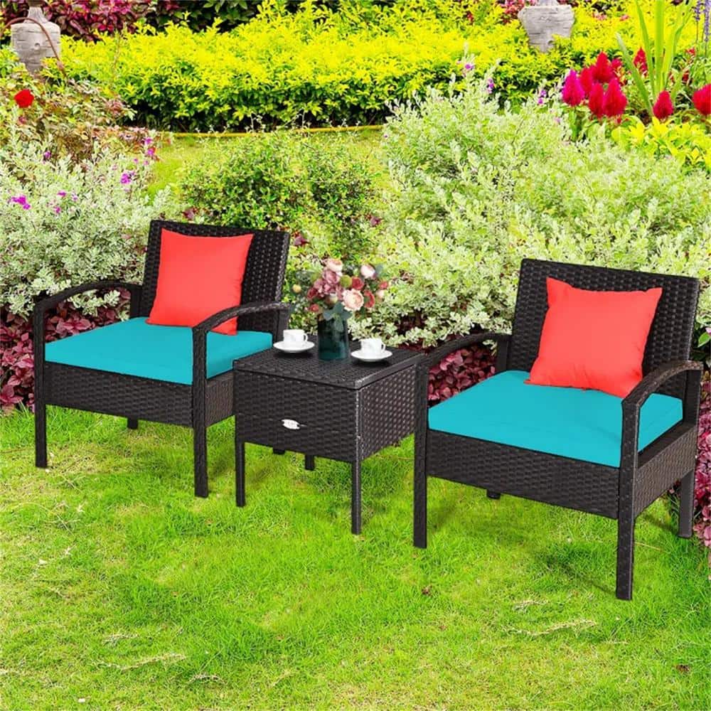 Blue 3-Piece Wicker Outdoor Lounge Chair without Sunshade with Blue Cushion
