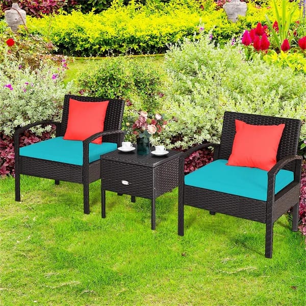 Blue 3-Piece Wicker Outdoor Lounge Chair without Sunshade with Blue Cushion