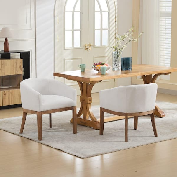 Beige Chenille Mid-Century Modern Upholstered Barrel Dining Chair, Side Chair with Arms, Solid Rubberwood Frame, 1-Chair