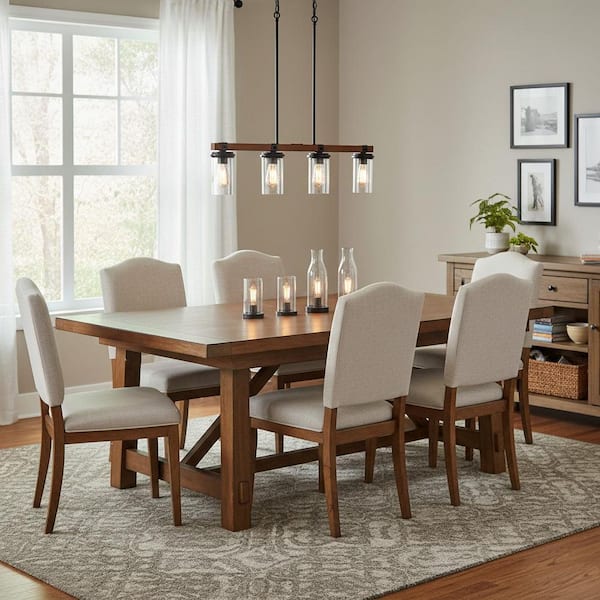 4-Light Black Wood Grain Pendant Light, Kitchen Island Linear Fixture with Clear Glass Shades, Modern Ceiling Lighting