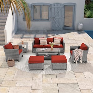 7-Piece Gray Wicker Outdoor Conversation Seating Sofa Set with Coffee Table, Rust Red Cushions
