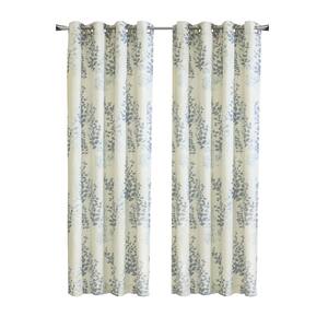 Lana Blue Polyester Linen Floral 50 in. W x 108 in. L Grommet Indoor Light Filtering Curtain (Single Panel)