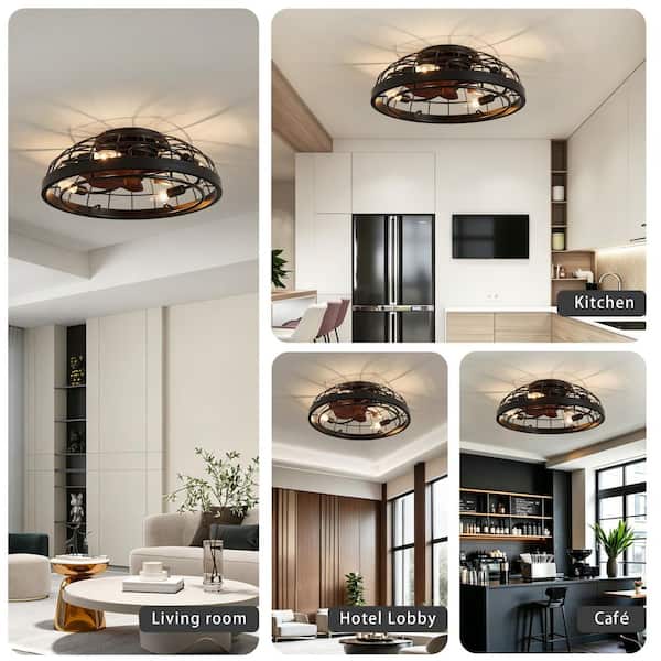 JUSHENG 19.7 in. 4-Light Black Caged Flush Mount Ceiling Fan with