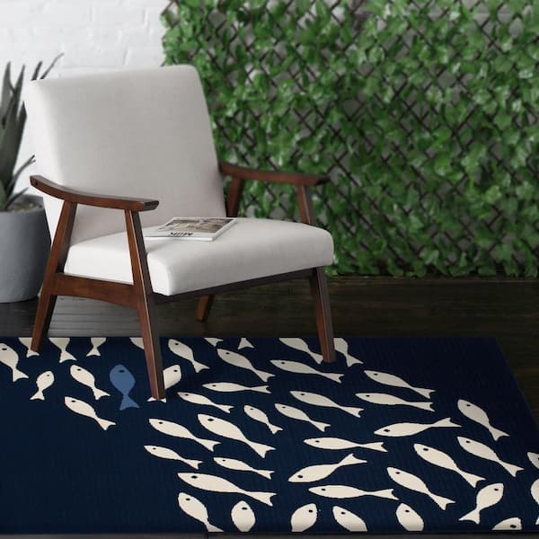Swimming Fish Blue/Ivory 6 ft. 7 in. x 9 ft. 6 in. Nautical Polypropylene Indoor/Outdoor Area Rug