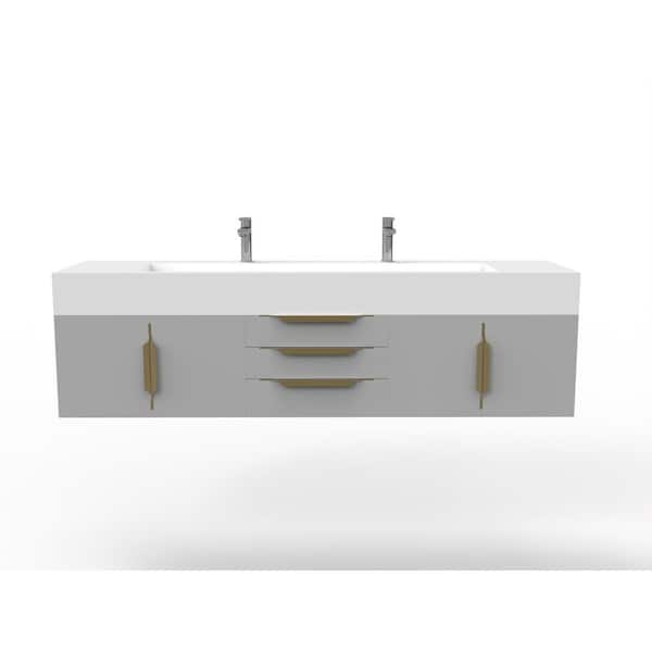 castellousa Nile 72 in. W x 19 in. D x 20 in. H Single Bath Vanity in Matte Gray with Gold Trim and White Solid Surface Top