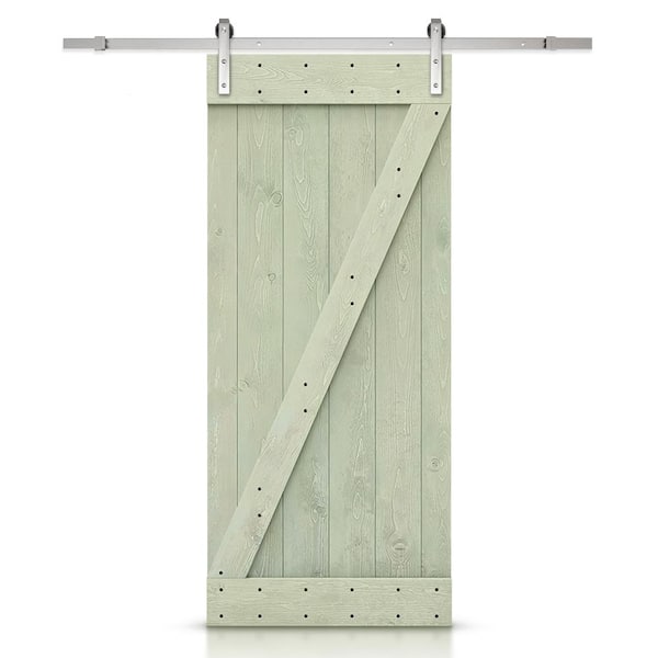CALHOME Z Bar Series 24 in. x 84 in. Pre-Assembled Sage Green Stained Wood Interior Sliding Barn Door with Hardware Kit