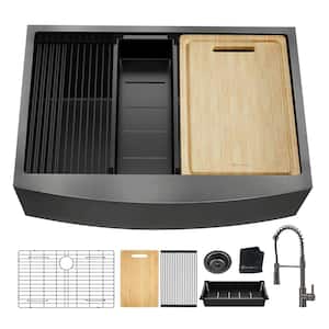 30 in. Gunmetal Black Stainless Steel Single Bowl Farmhouse Workstation Kitchen Sink with Black Spring Neck Faucet