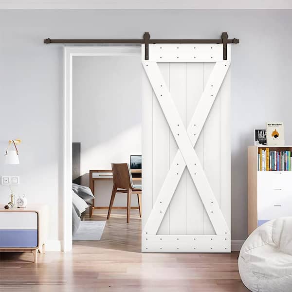 X Series 42 in. x 84 in. White DIY Knotty Pine Wood Interior Sliding Barn Door with Hardware Kit