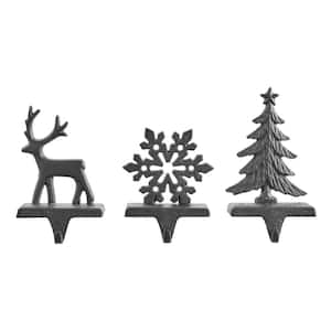 8 in. Dark Brown Cast Iron Holiday Sculpture Christmas Mantel Stocking Holder Hook Set of 3 - Snowflake, Reindeer, Tree