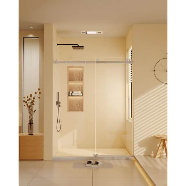 Unbranded 56-60 in. x 76 in. H Frameless Sliding Bathtub Door, 3/8 in. Clear Tempered Glass, Brushed Nickel Finish, Square Rail
