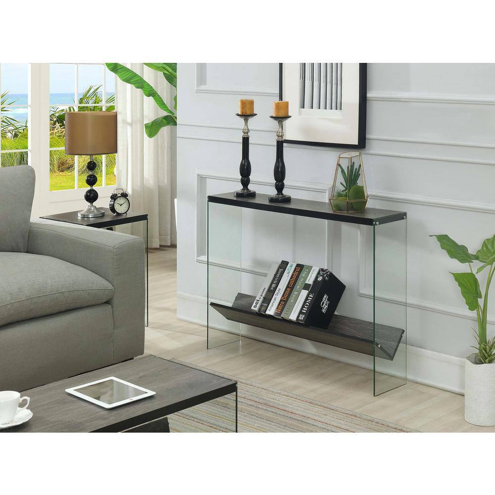 Weathered Gray Modern V Console Table with Glass Shelves