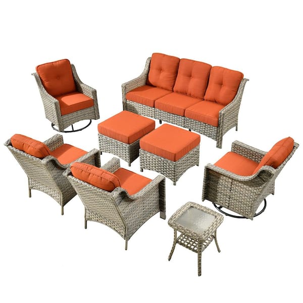 Cherry 8-Piece Wicker Outdoor Furniture Patio Conversation Sofa Seating Set with Swivel Chairs and Orange Red Cushions