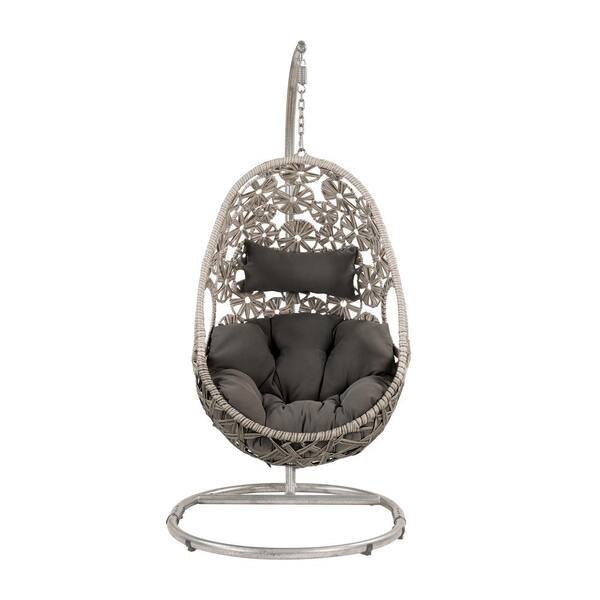 Misopily 1-Person Gray All-Weather Resin Wicker Outdoor Patio Swing Chair with Stand and Seamless Steel Frame in Gray Cushions