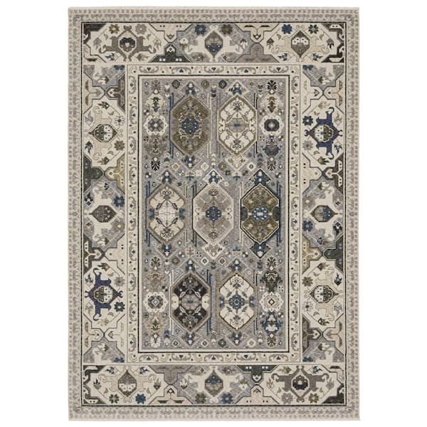 8 ft. x 11 ft. Ivory And Blue Oriental Area Rug With Fringe