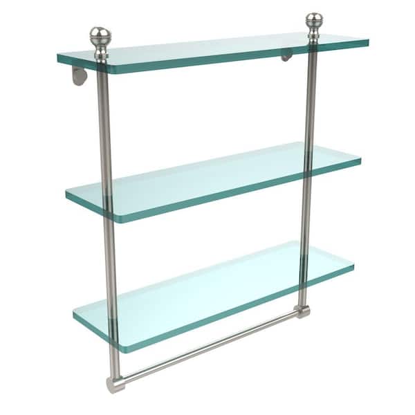 Allied Brass Mambo 16 in. L x 18 in. H x 5 in. W 3-Tier Clear Glass Bathroom Shelf with Towel Bar in Polished Nickel