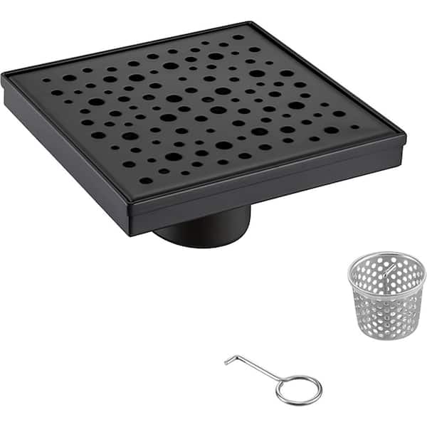 Elegante Drain Collection 6 in. Square Stainless Steel Shower Drain with Rain Drop Pattern, Matte Black