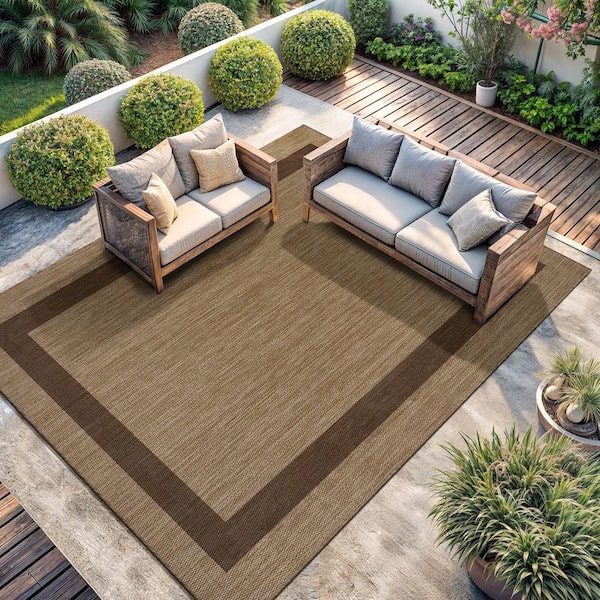 Sunshine Brown 9 ft. x 12 ft. Border Indoor Outdoor Area Rug CM