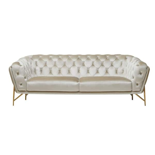 HomeRoots Amelia 88 in. Square Arm Velvet Rectangle Sofa in. Beige