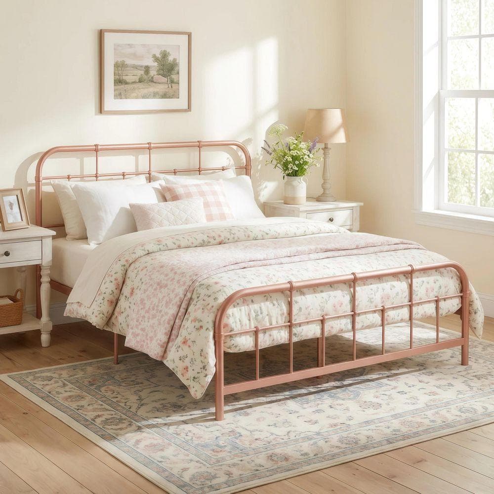 Qualler Pink Metal Frame Queen Size Platform Bed with Rounded