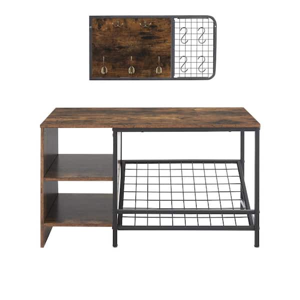 Amucolo 17.8 in. H x 31 in. W Brown Entryway Shoe Storage Bench Shoe Rack with Coat Hooks
