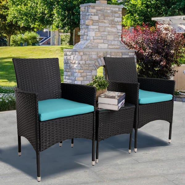 Cesicia 3-Piece Black Wicker Outdoor Bistro Set Outdoor Dining Set Patio Furniture Set with Lake Blue Cushion for Lawn Garden