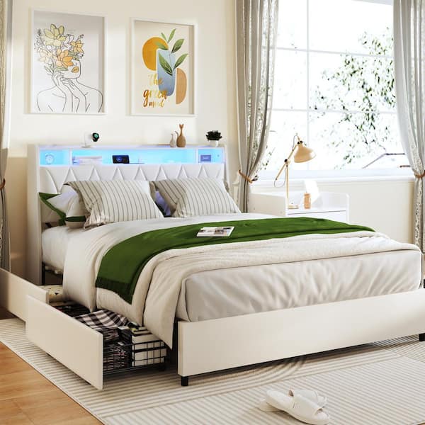 Atlas White Upholstered Faux Leather Wood Frame Queen Platform Bed with Storage Headboard, Drawers, Charge Station, LED