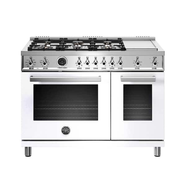Bertazzoni Professional Series 48" 7.1 cu. Ft. Double Oven Dual Fuel Range with 6 Brass Burners, Griddle, and Soft-Close in White