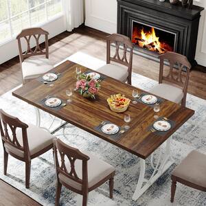 Roesler Walnut and White Wood 62.99 in. W Double Pedestal Long Rectangular Dining Table Seats 6 for Kitchen, Dining Room