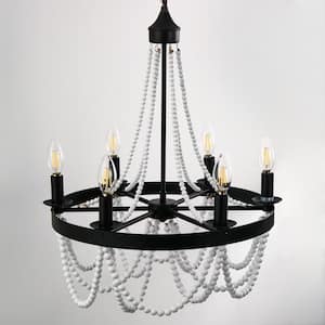 6-Light Matte Black Transitional Chandelier with White Wood Beads, E12 Base, No Bulbs Included