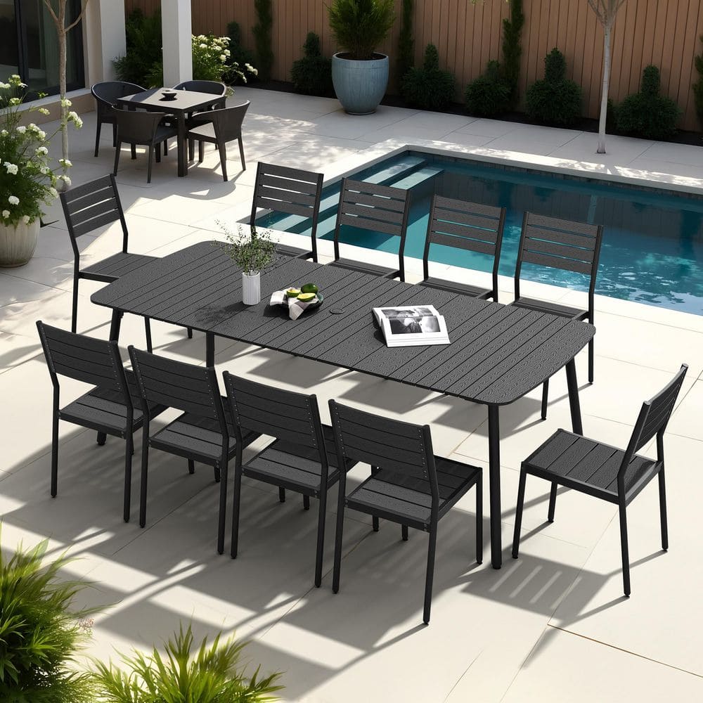 11-Piece 93 in. Aluminum Wood-Like Patio Outdoor Dining Set with Umbrella Hole & Stackable Armless Chair in Black price history on PriceWatchPro