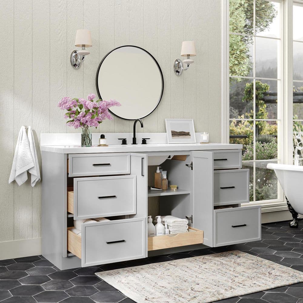 Kelly 67" Light Gray Wood Single Sink Vanity with White Quartz Top