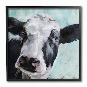 12 in. x 12 in. "Gentle Farm Cow Painting on Blue" by Artist Main Line Art and Design Framed Wall Art