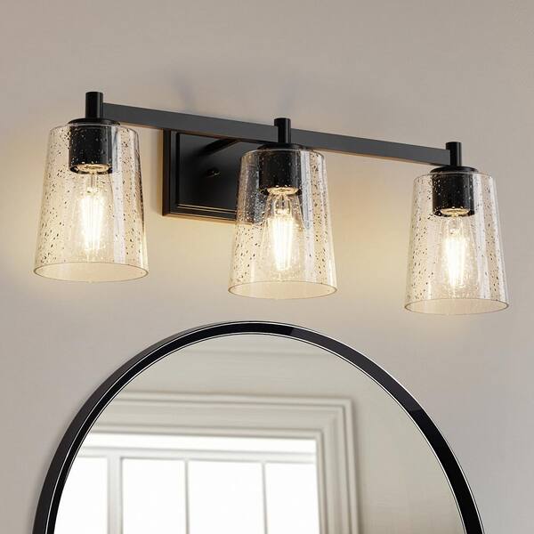 YANSUN 24 in. 3-Light Black Vanity Light with Cone Clear Glass Shades for Bathroom, Mirror, Living Room
