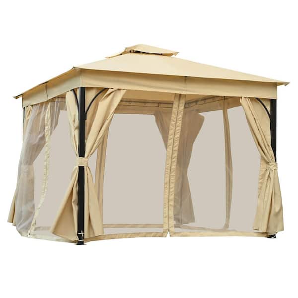 10 ft. x 10 ft. Outdoor Gazebo Tent with Double Roofs, Patio Gazebo with Mosquito Netting and Privacy Screens, Beige