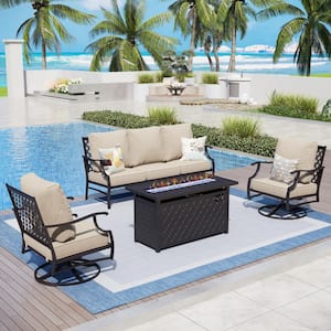 Black Metal Meshed 5 Seat 4-Piece Steel Outdoor Fire Pit Patio Set with Beige Cushions, Black Rectangular Fire Pit Table