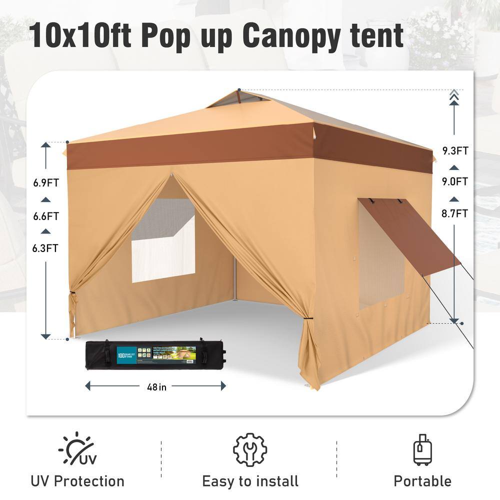10' x 10' Beige and Brown Pop-Up Canopy Tent with Sidewalls
