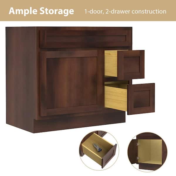 Vanity Art 36 in. W x 21 in. D x 32.5 in. H 2-Right Drawers Bath Vanity Cabinet Only in Brown