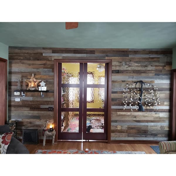 Vintage Timber 3/8 in. x 4 ft. Random Width 3 in. - 5 in., 10.59 sq. ft. Brown/Grey Barnwood Planks Decorative Wall Panel