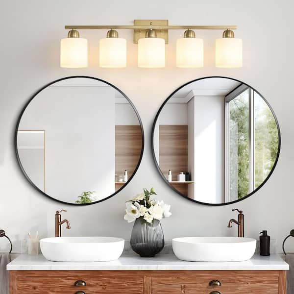 31.5 in. W 5-Light Gold Vanity Light with Frosted Glass Shades, Up/Down Mount for Mirror, Hallway (No Bulb Included)