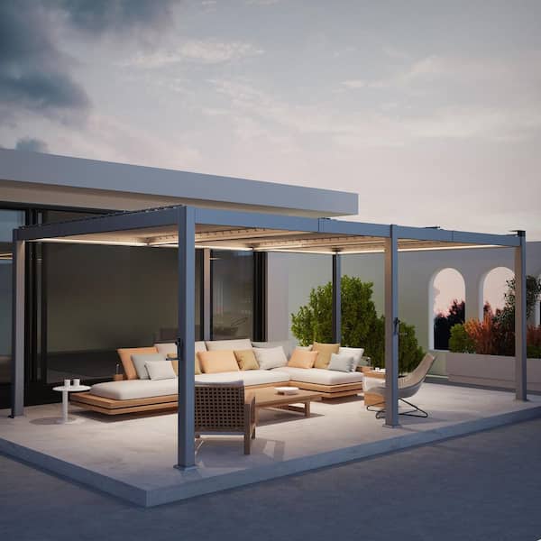 Sonkuki 12 ft. x 20 ft. All-Aluminum Louvered Pergola with Adjustable Roof, Detachable LED Control Panel, Gray