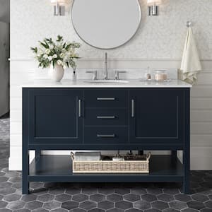 Bayhill 55 in. W x 22 in. D x 35.25 in. H Freestanding Bath Vanity in Midnight Blue with Carrara White Marble Top