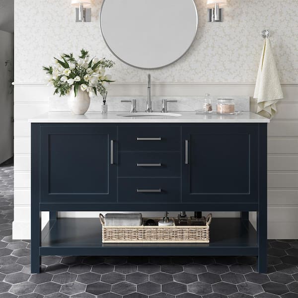 ARIEL Bayhill 55 in. W x 22 in. D x 35.25 in. H Freestanding Bath Vanity in Midnight Blue with Carrara White Marble Top