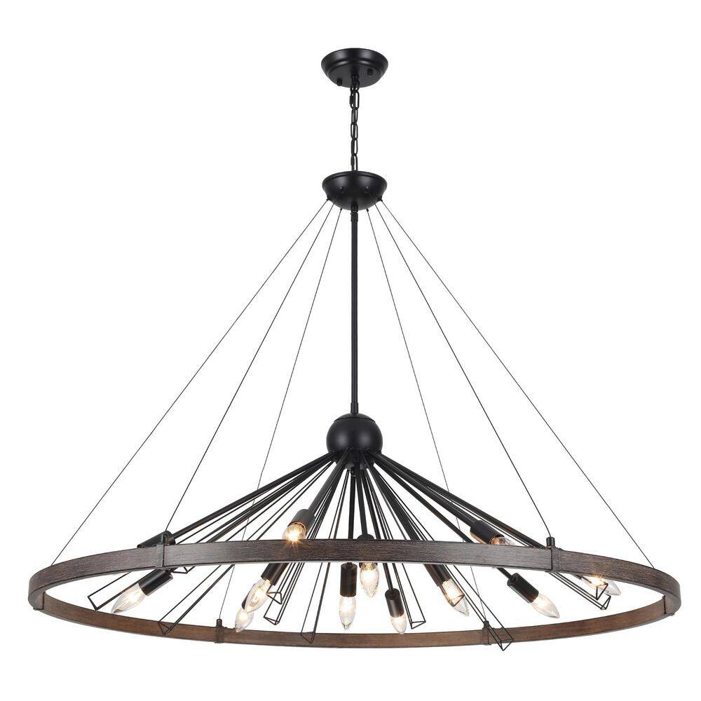 ADSENSTY 43.3 in. 12-Light Black and Imitation Wood Grain Wagon Wheel ...